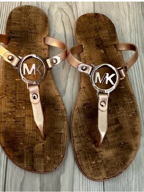 Michael Kors Rose Gold MK Logo Cork Footbed Sandals